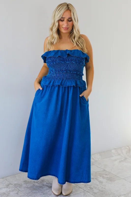 Wildflower Meadows Midi Dress: Dark Denim Cozy Tie-Dye Midi Dress