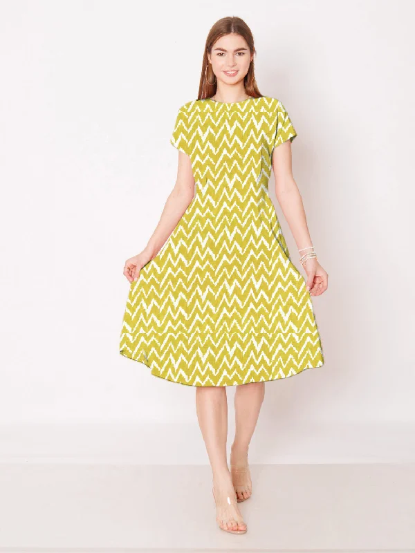 Yellow Ochre Floral Printed A-Line Midi Dress Fashionable Sheer Sleeve Midi Dress