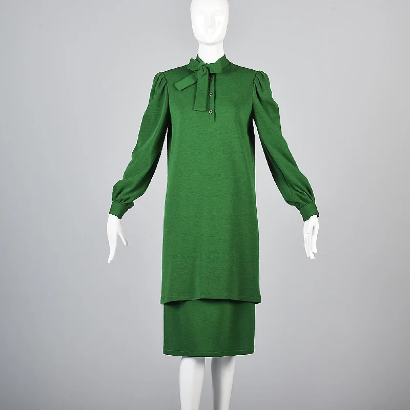 1970s Bill Blass Green Knit Two Piece Separates Set Mini Dress & Skirt Trendy Denim Mini Dress