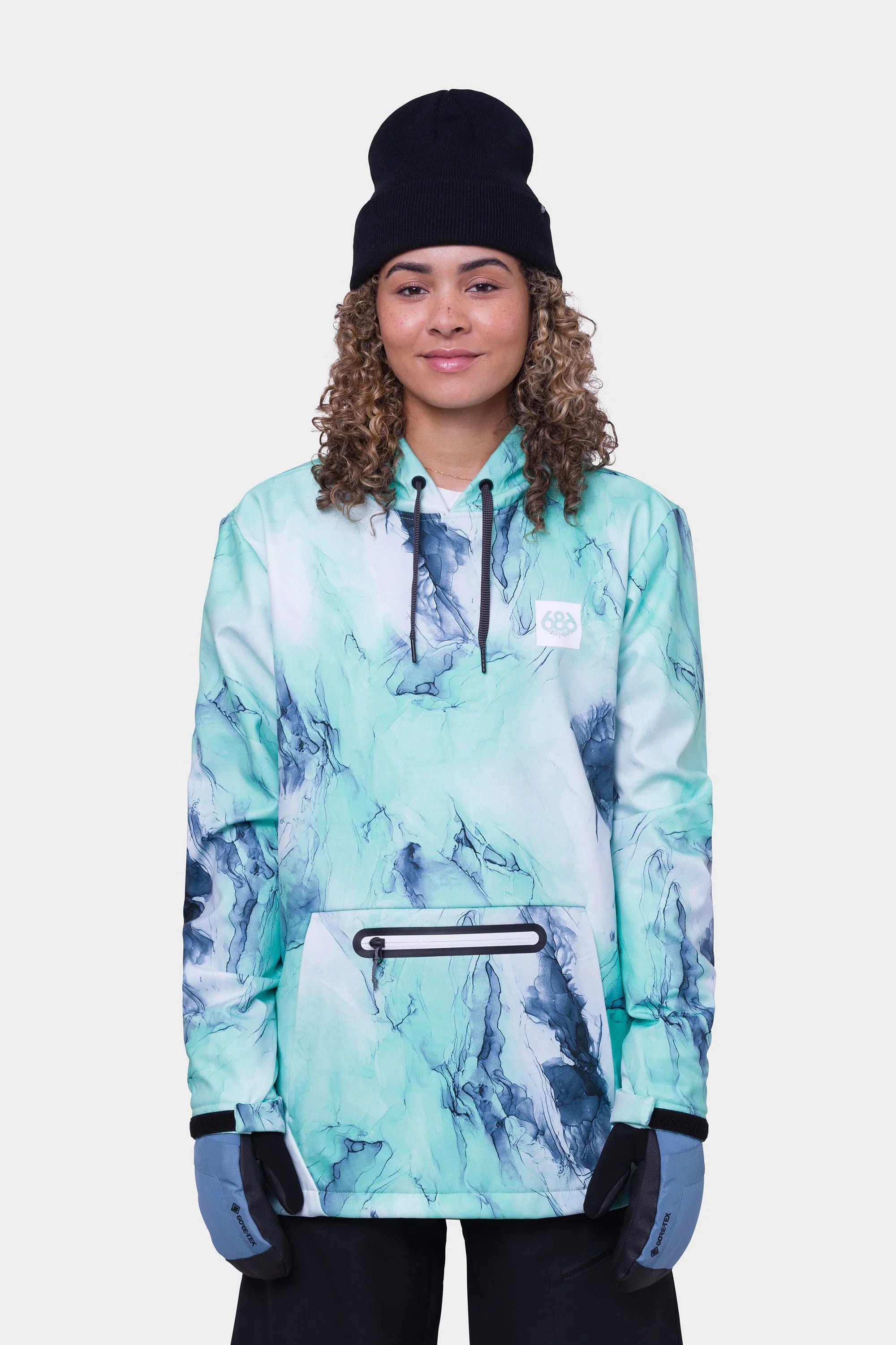 686 Waterproof Hoodie Womens 2024 Spearmint Marble Hoodie with Slit Hem Functional Movement