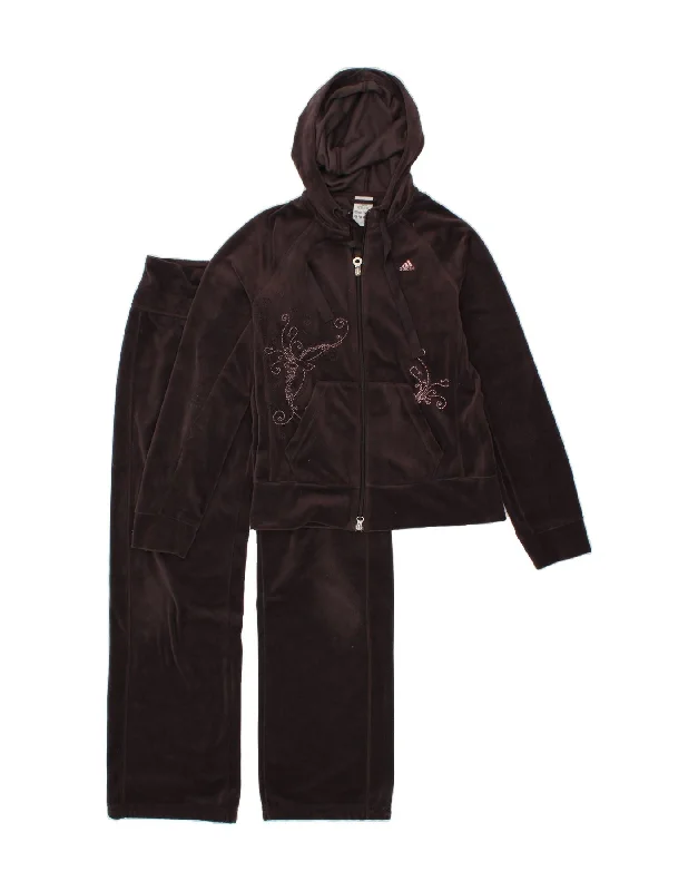 ADIDAS Womens Hooded Full Tracksuit UK 12 Medium Brown Polyester Hoodie with Hem Embroidery Detailed Premium