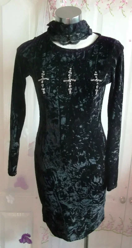 BRAVE SOUL Black Crushed Velvet Diamanté Cross Mini Dress Goth Gothic Size 8 Trendy Floral Mini Dress