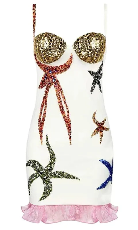 Ciao Bella <br><span>White Seashell Pattern Bandage Bodycon Casual Spaghetti Strap Sleeveless Sequin Cup Bustier White Pink Gold Multicolor Ruffle Mini Dress</span< Cozy Wraparound Mini Dress