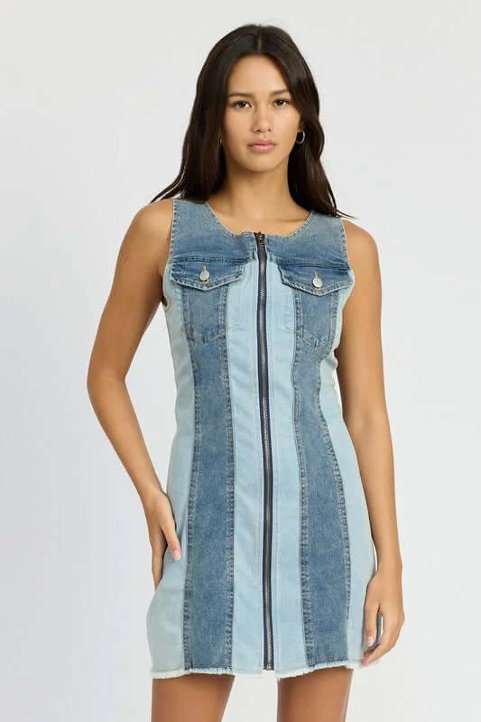 Color Block Denim Mini Dress Cozy Ribbed Mini Dress