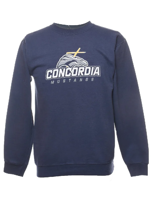 Concordia Mustangs Navy Printed Sweatshirt - S Hoodie with Hem Raw Edge Edgy Unfinished Concordia Mustangs Navy Printed Sweatshirt - S Hoodie with Hem Raw Edge Edgy Unfinished