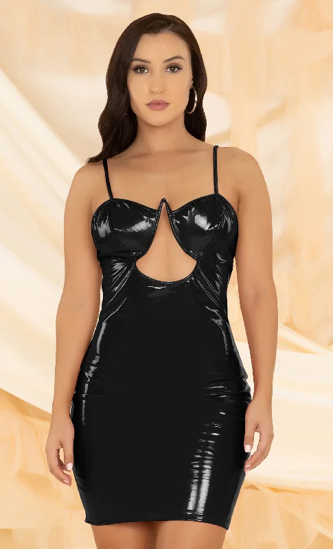 Daring Vixen Black PU Faux Leather Sleeveless Spaghetti Strap V Neck Bustier Cut Out Bodycon Mini Dress Cozy Cotton Mini Dress