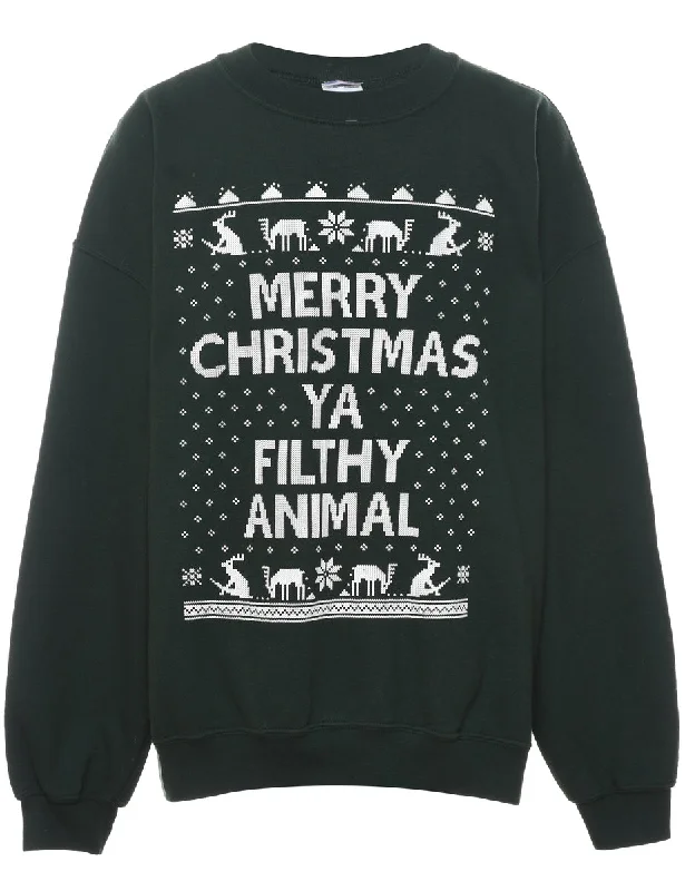 Dark Green & Off-White Printed Christmas Sweatshirt - XL Hoodie with Ribbed Cuffs Snug Fit Comfort Dark Green & Off-White Printed Christmas Sweatshirt - XL Hoodie with Ribbed Cuffs Snug Fit Comfort