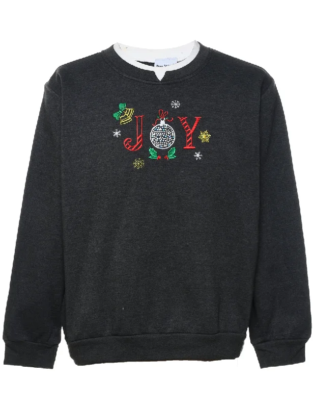 Dark Grey Embroidered Christmas Sweatshirt - L Hoodie with Hem Embroidery Detailed Premium