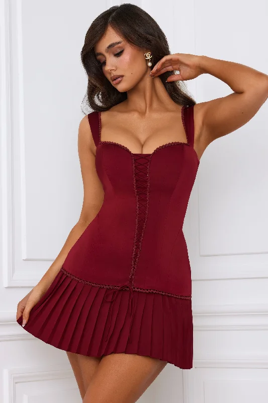 Bow-Detail Lace-Up Corset Mini Dress in Berry Red Comfortable Casual Mini Dress