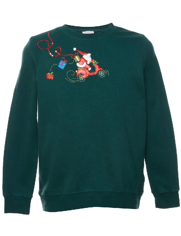 Festive Gifts Design Dark Green Embroidered Christmas Sweatshirt - M Hoodie with Oversized Fit Loose Comfortable