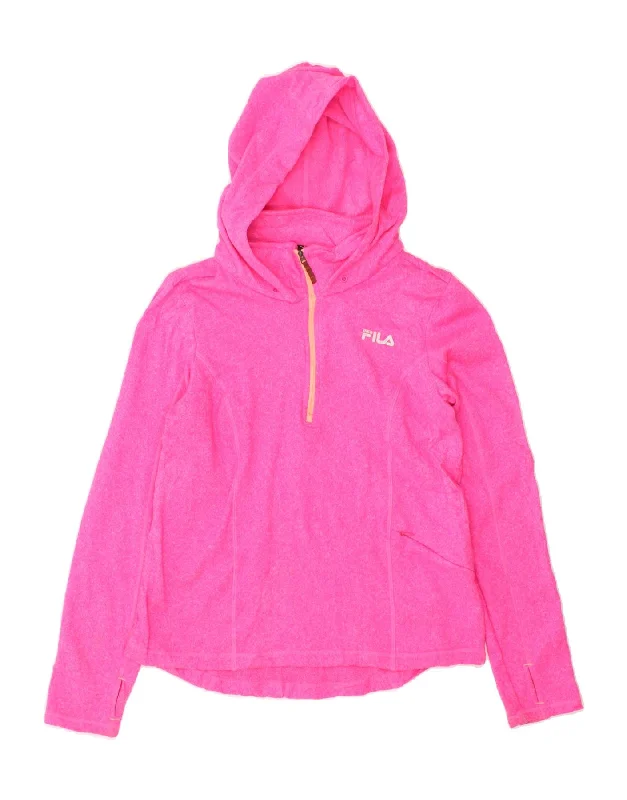 FILA Womens Hooded Top Long Sleeve UK 14 Medium Pink Polyester Hoodie with Hem Drawcord Adjustable Customizable