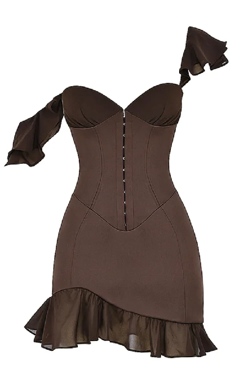 Flirty Side <span><br>Brown Sleeveless Ruffle Strap V Neck Hook and Eye Bustier Bodycon Mini Dress</span> Fashionable Mini Dress with Slits