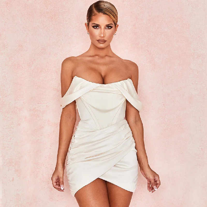 Glossy Satin Draped Off Shoulder Ruched Corset Mini Dress - White Stylish Sweetheart Mini Dress