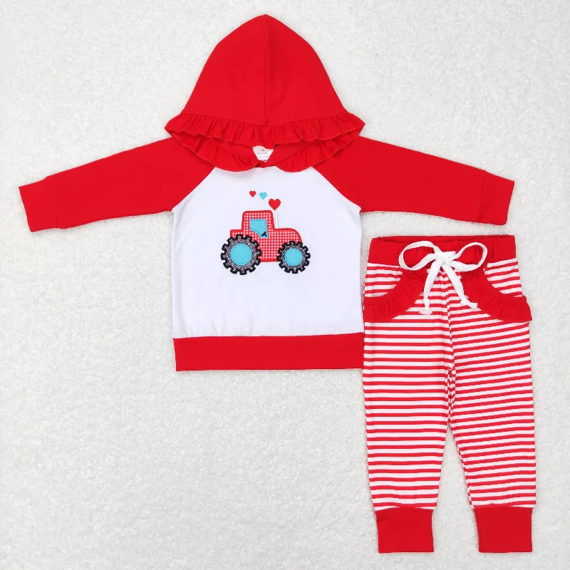 GLP0913 Baby Girl Valentine's Day Long Sleeves Embroidery Tractor Hoodie Tops Red Stripes Pocket Pants Set Hoodie with Ribbed Hem Stretchable Secure