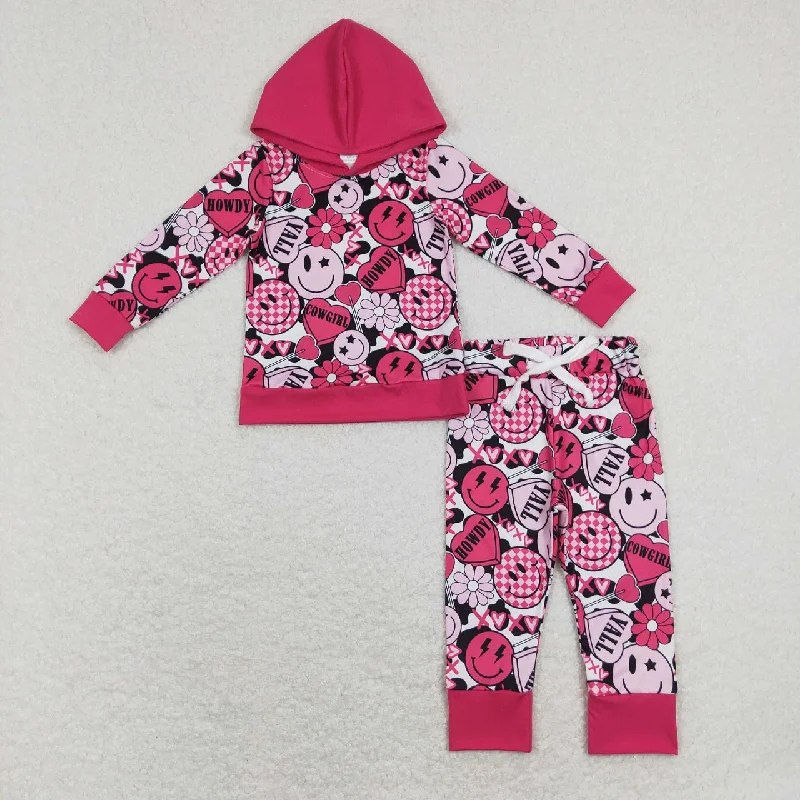 GLP1126 Baby Girl Long Sleeves Hoodie Face Floral Hearts Shirt Valentine's Hearts Pants Set Hoodie with Double Zipper Versatile Adjustable