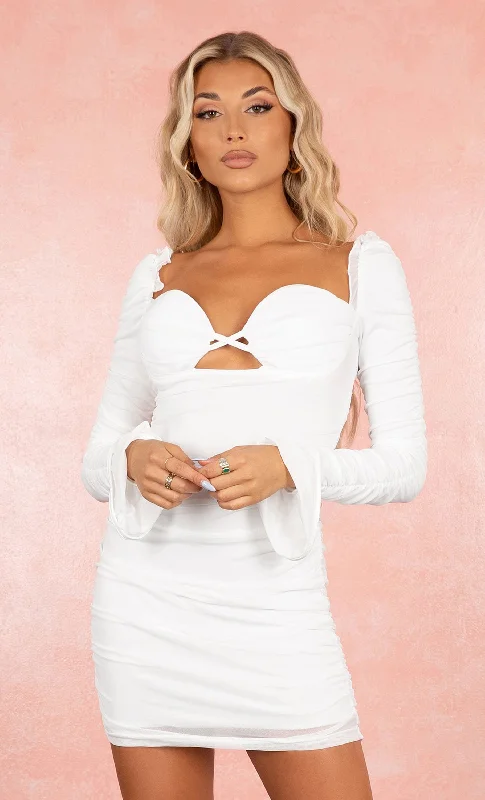 In The Name Of Love White Bustier Padded Cup Mesh Cut Out Sweetheart Neck Flared Long Sleeve Ruched Bodycon Mini Dress Comfortable Fit-and-Flare Mini Dress