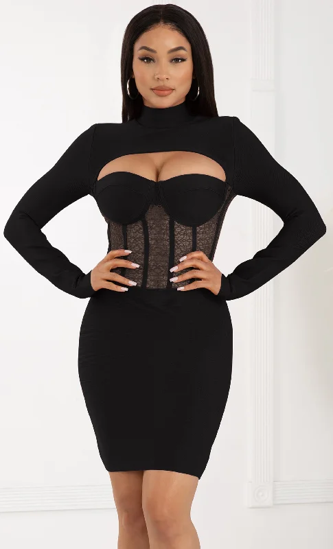 Intoxicating Love Black Bustier Sheer Mesh Lace Cut Out Long Sleeve Mock Neck Bandage Bodycon Mini Dress Comfortable Boho Mini Dress