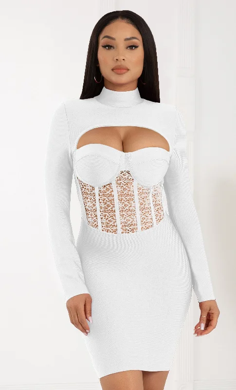 Intoxicating Love White Bustier Sheer Mesh Lace Cut Out Long Sleeve Mock Neck Bandage Bodycon Mini Dress Chic Mini Dress with V-Neck