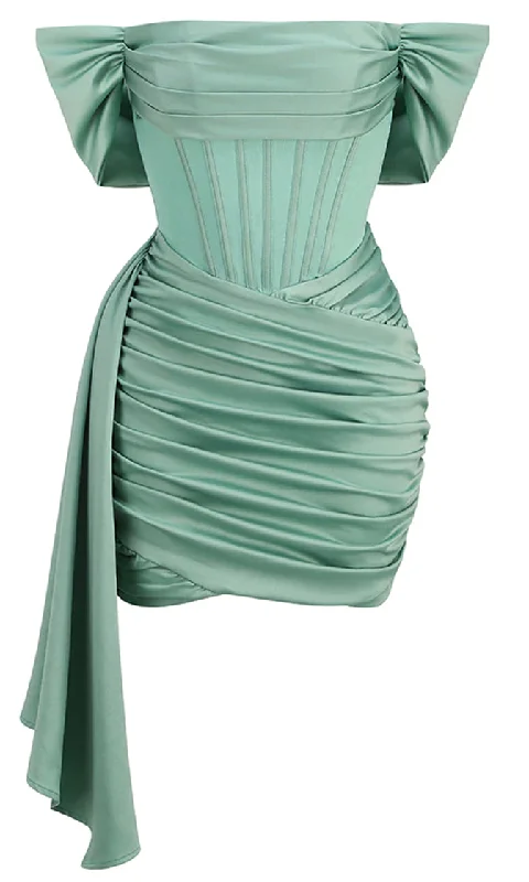 Live In The Moment Green Velvet Sheer Mesh Bustier Draped Cap Sleeve Scoop Neck Ruched Bodycon Mini Dress Classic Solid Mini Dress