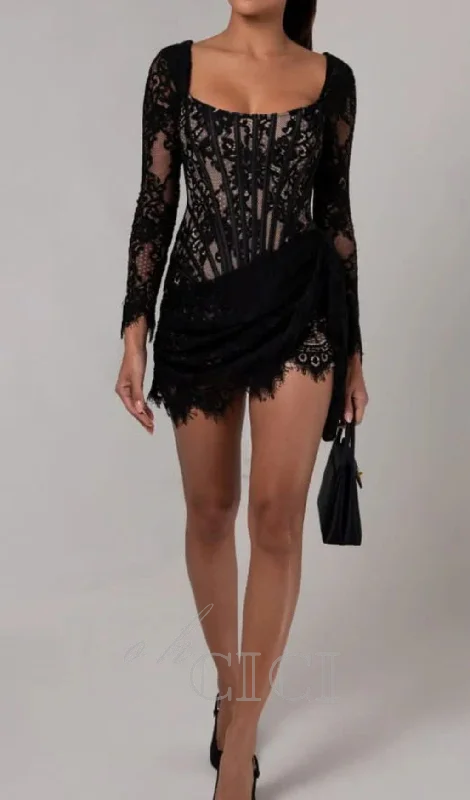 long sleeve lace corset draped mini dress in black Trendy Mesh Mini Dress