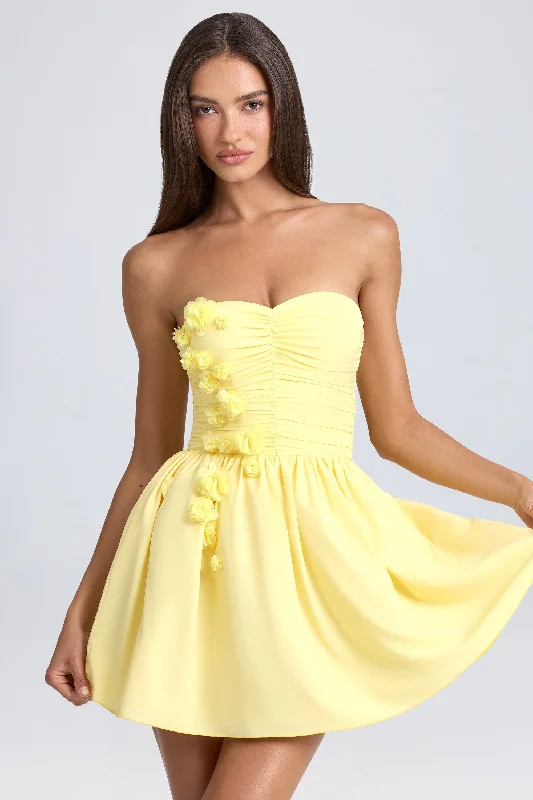 Bandeau Floral-Appliqué Corset Mini Dress in Lemon Sherbet Fashionable Mini Dress with Frills