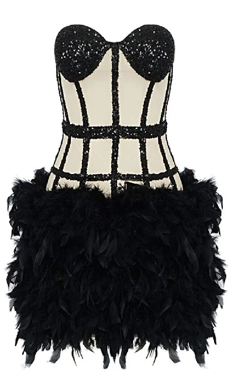 No Fear <br><span>Black Sheer Mesh Sequin Feather Strapless Bustier Bodycon Mini Dress</span> Stylish Summer Mini Dress