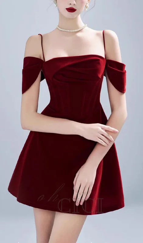 ONE-SHOULDER VELVET STRAP MINI DRESS IN CLARET Cozy Satin Mini Dress