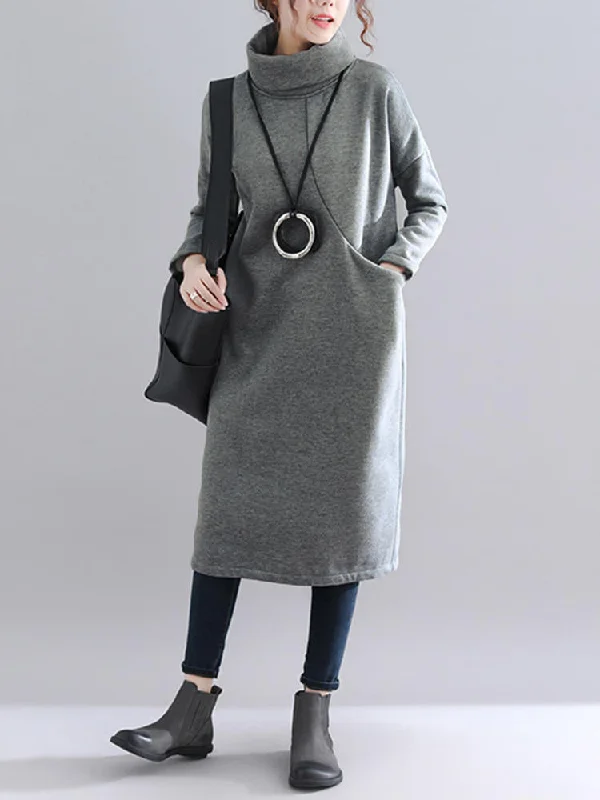 Pure Color Turtleneck Loose Long Sleeve Causal Sweatshirt Women Midi Dress Hoodie with Turtle Neck Cozy Winter