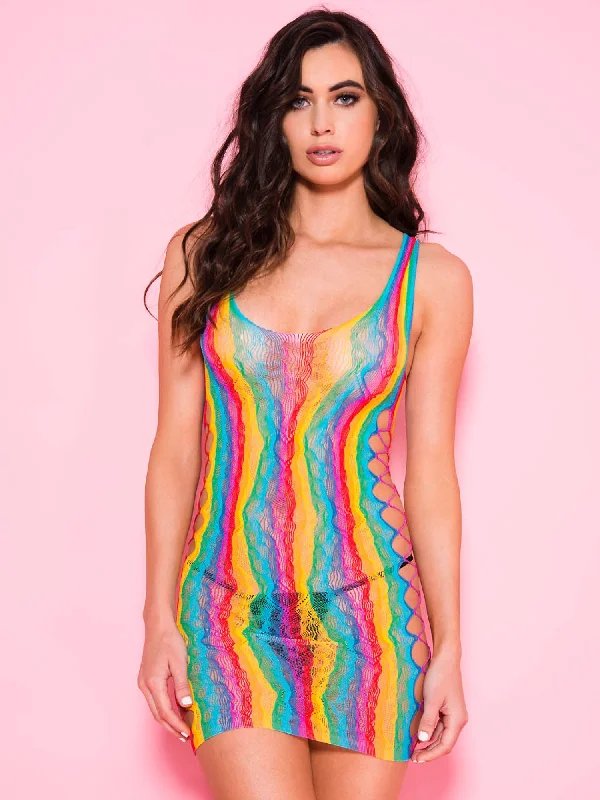 Rainbow Cut Out Net Pattern Mini Dress - One Size Comfortable One-Shoulder Mini Dress