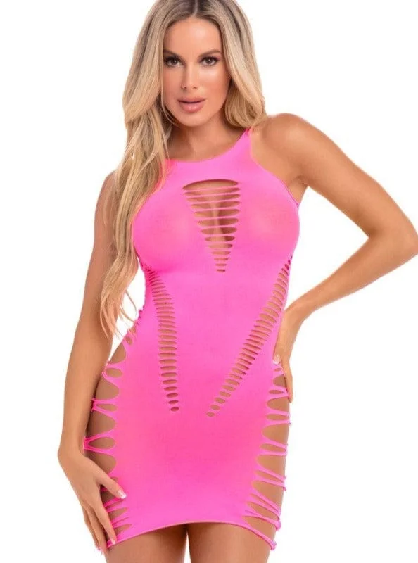 Sexy Pink Back 2 Basixxx Hi-Neck Cut Out Slash Mini Dress (Plus Size Available) Comfortable Casual Mini Dress