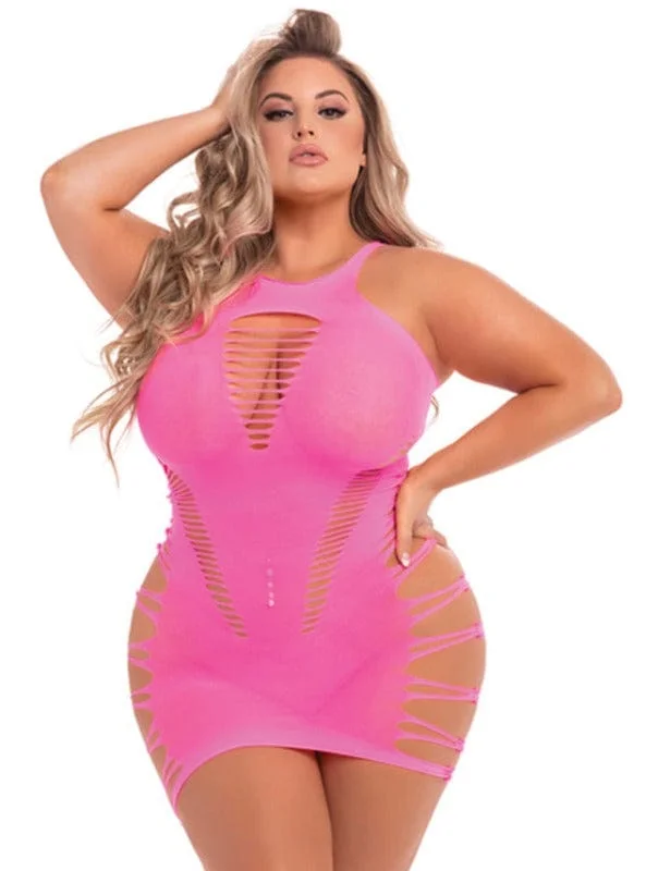 Sexy Plus Size Pink Back 2 Basixxx Hi-Neck Cut Out Slash Mini Dress Fashionable A-Line Mini Dress