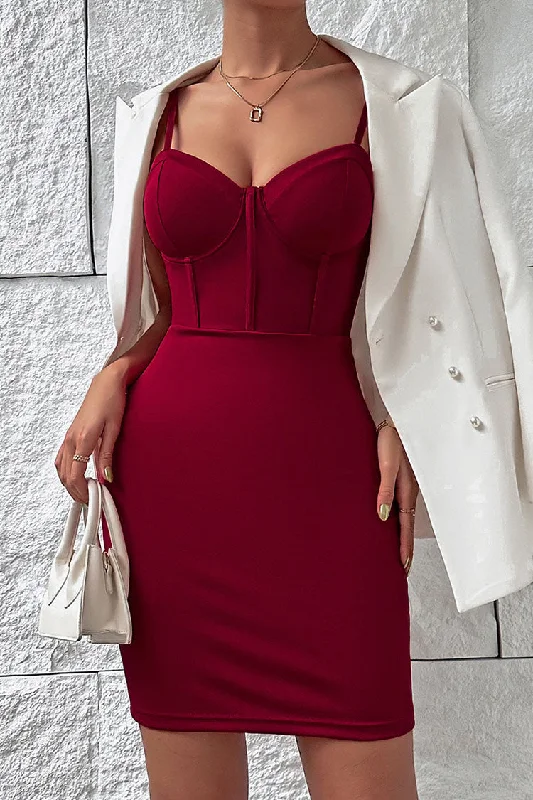 Sexy Sweetheart Neck Bodycon Mesh Corset Cocktail Party Mini Dress - Burgundy Cozy Satin Mini Dress