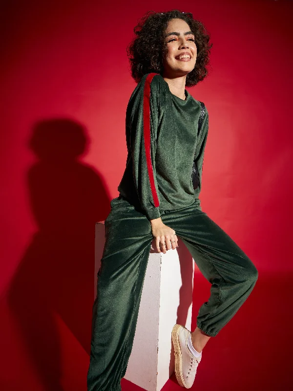 Women Emerald Velour Tape Detail Sweatshirt With Joggers Hoodie with Cuffed Sleeves Snug Secure