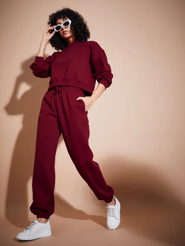 Women Maroon Premium Fleece Oversized Sweatshirt With Joggers Hoodie with Bell Sleeves Flared Feminine