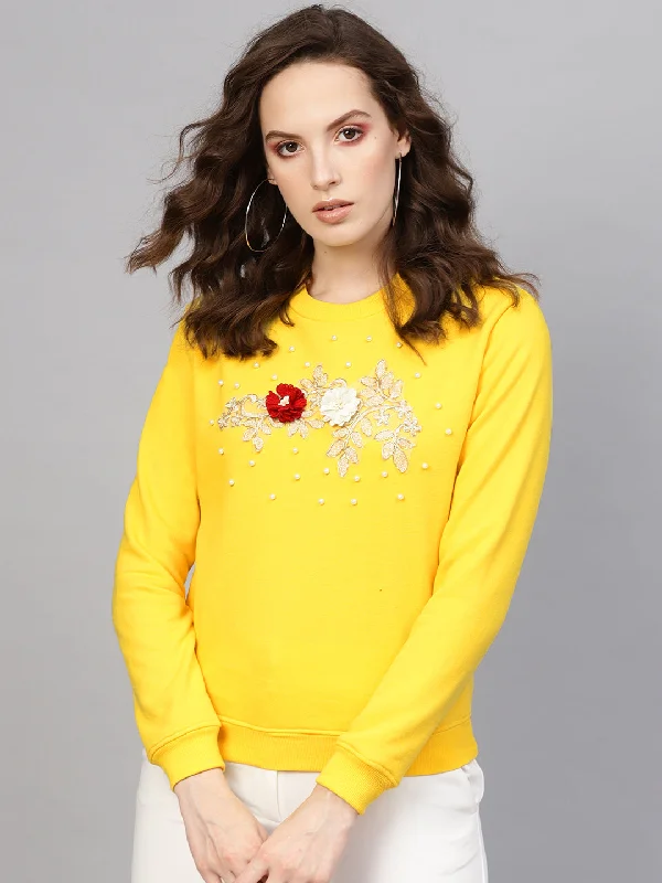 Women Yellow Floral Patch Sweatshirt Hoodie with Snap Buttons Easy Quick