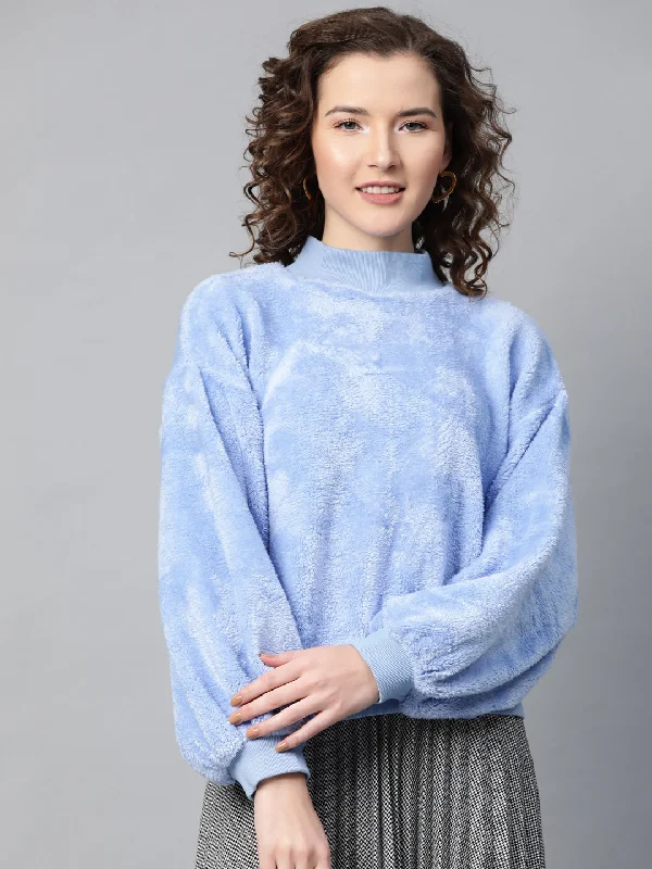 Women Blue Balloon Sleeve Faux Fur Sweatshirt Hoodie with Puffed Sleeves Voluminous Trendy