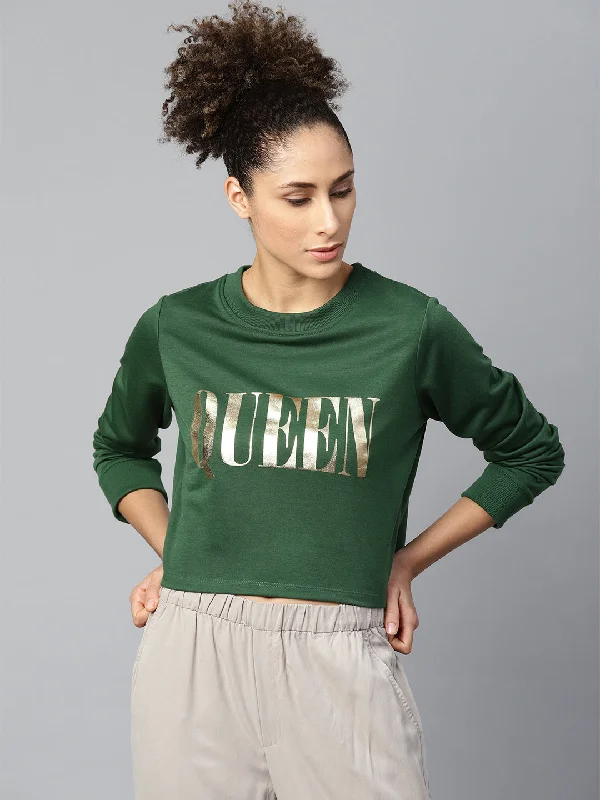 Women Green Queen-Print Crop Sweatshirt Hoodie with Elastic Cuffs Stretchable Comfortable