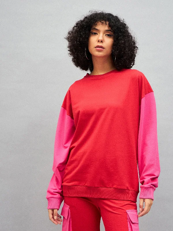 Women Red Knitted ColourBlock Oversize Sweatshirt Hoodie with Velcro Closure Adjustable Secure