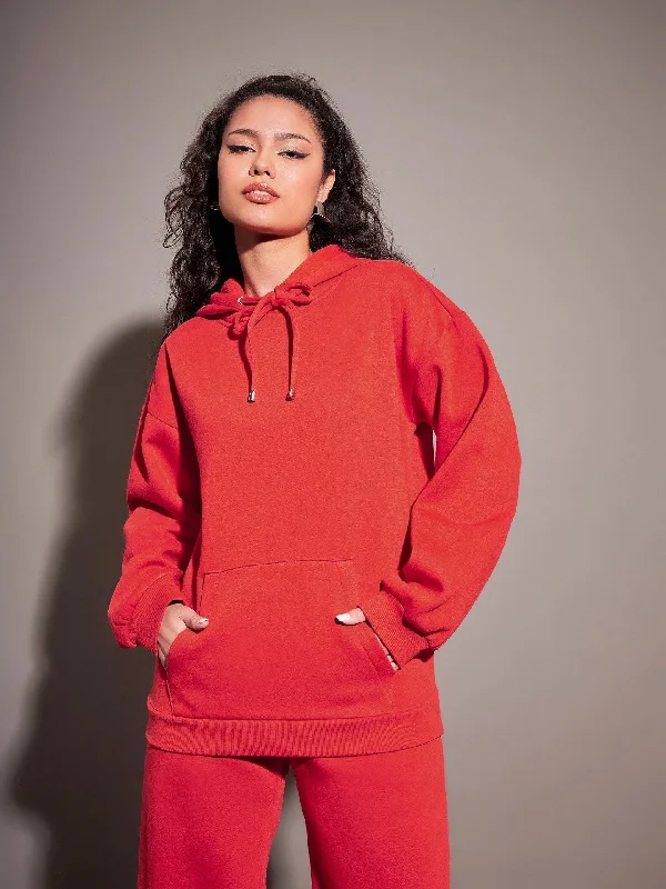 Women Red Fleece Oversized Hoodie Hoodie with Stripes Bold Sporty