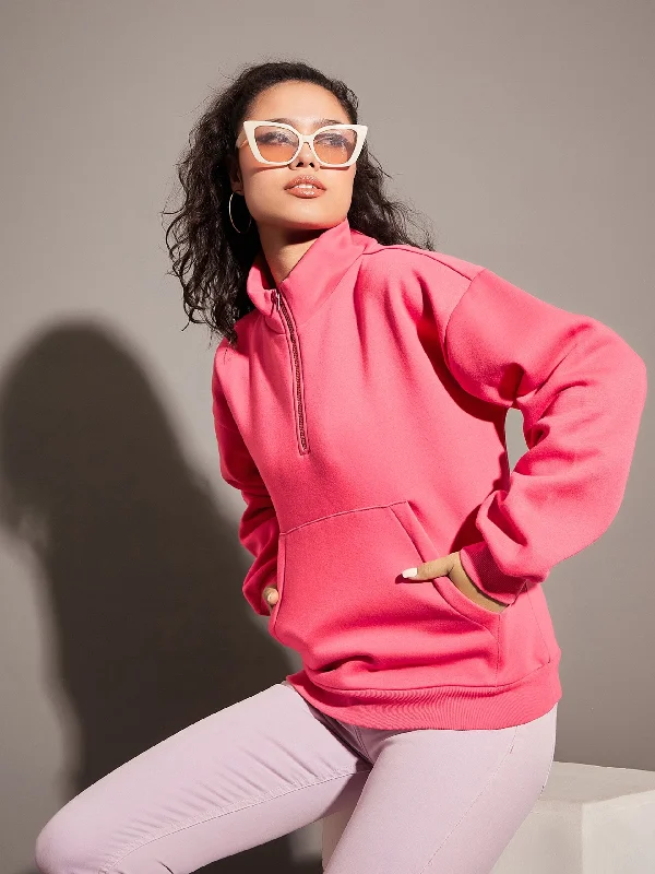 Women Pink Fleece Front Zipper Sweatshirt Hoodie with Illustration Artistic Creative