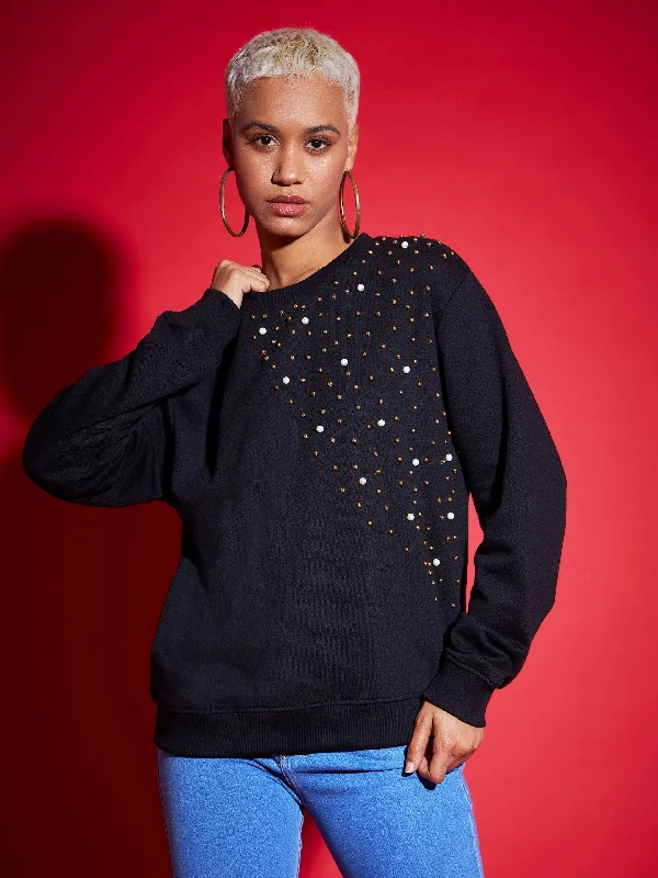 Women Black Terry Pearl Embellished Oversized Sweatshirt Hoodie with Drawcord Adjustable Secure