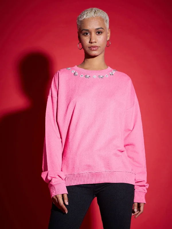 Women Pink Terry Stud Pearl Oversized Sweatshirt Hoodie Sweatshirt Pullover