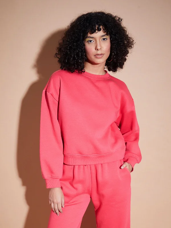 Women Pink Premium Fleece Oversized Sweatshirt Hoodie with Ribbed Hem Stretchable Secure