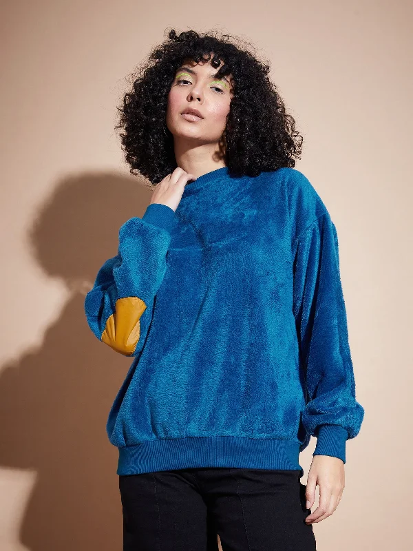 Women Blue Elbow Patch Fur Round Neck Sweatshirt Hoodie with Front Slit Layering Stylish