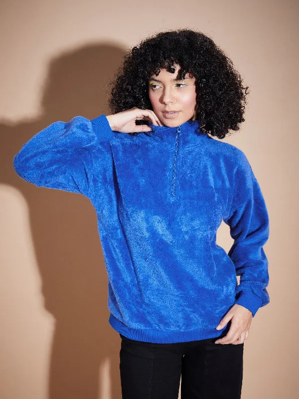 Women Royal Blue Front Zipper High Neck Sweatshirt Hoodie Crop Top Short Trendy