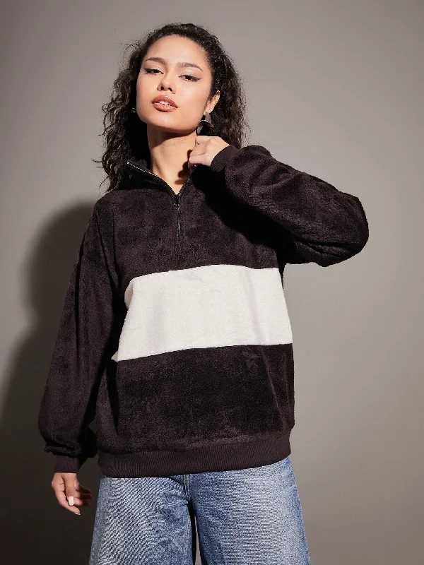 Women Black Fur Colour Block High Neck Sweatshirt Hoodie with Tied Waist Feminine Flattering