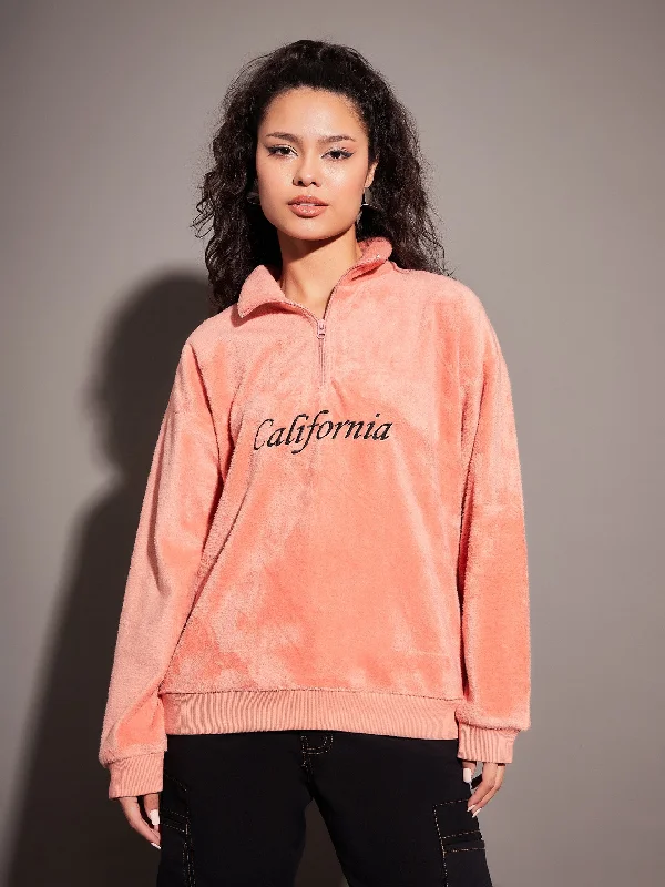 Women Pink Fur CALIFORNIA Embroidered High Neck Sweatshirt Hoodie with Puffed Sleeves Voluminous Trendy