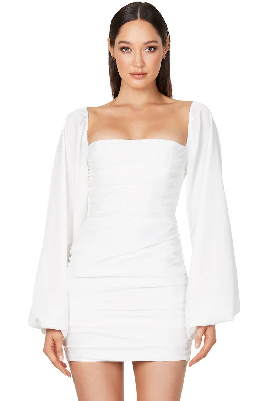 Silky Satin Square Neck Bishop Sleeve Ruched Party Mini Dress - White Trendy Tulle Mini Dress