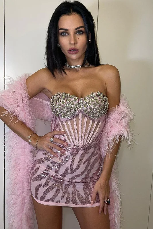 Sparkly Sequin Rhinestone Bustier Mesh Corset Party Mini Dress - Pink Fashionable Lace Mini Dress