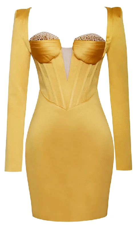 Straight To The Heart<br><span> Yellow Long Sleeve Sequin Trim Bustier Plunge V Neck Cut Out Back Bodycon Mini Dress</span> Chic Mini Dress with V-Neck